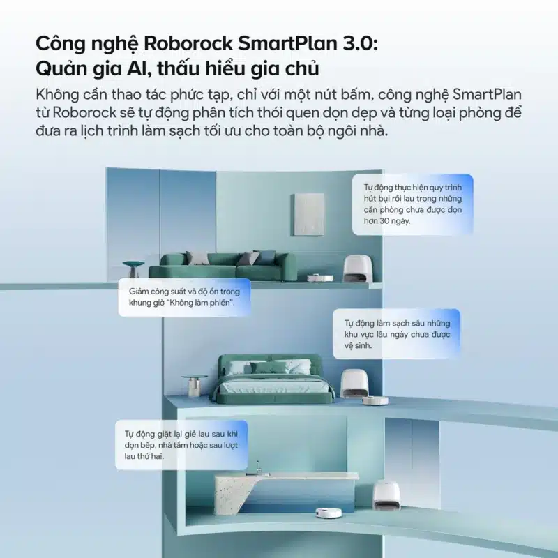 Với Roborock SmartPlan 3.0, Qrevo Curv 2 Flow có thể tự phân tích thói quen sử dụng, tình trạng từng khu vực và loại phòng trong nhà để đề xuất chế độ làm sạch phù hợp.