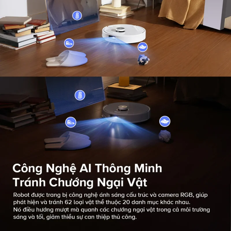 Roborock Qrevo Curv có khả năng nhận diện lên đến 62 loại chướng ngại vật khác nhau (dây sạc, đồ chơi, giày dép, phân thú cưng…), từ đó né tránh thông minh và giảm thiểu va chạm.