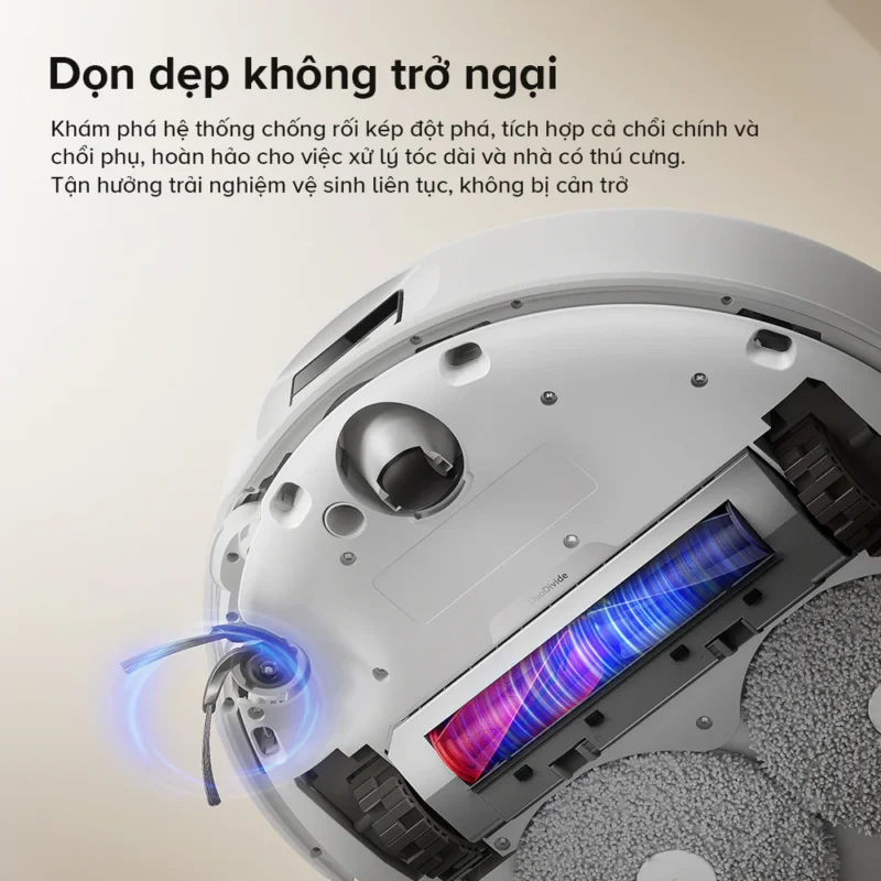 Tích hợp chổi chính DuoDivide và chổi cạnh FlexiArm Arc giúp Roborock Qrevo Curv hút bụi hiệu quả mà gần như không bị tóc hoặc lông thú cưng quấn vào