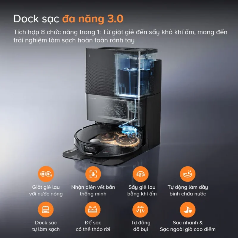 Roborock Qrevo Slim đi kèm trạm sạc đa năng 3.0, tích hợp 8 chức năng trong 1 để giảm tối đa thao tác thủ công cho người dùng.
