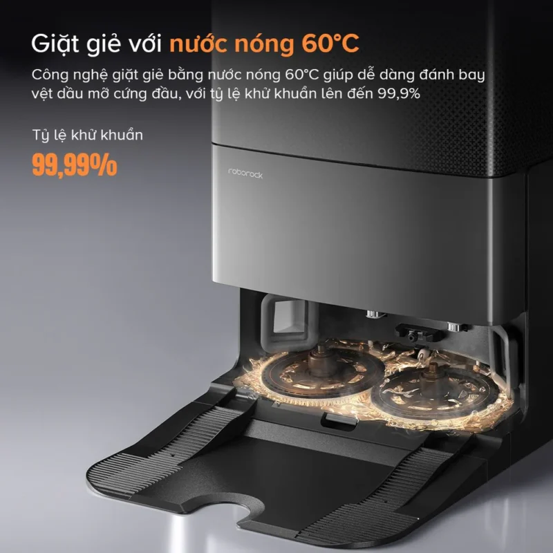 Roborock Qrevo Slim sử dụng công nghệ giặt giẻ lau bằng nước nóng 60°C, hỗ trợ làm mềm và loại bỏ các vết bẩn cứng đầu như dầu mỡ, cặn bẩn bám trên giẻ sau quá trình lau sàn.
