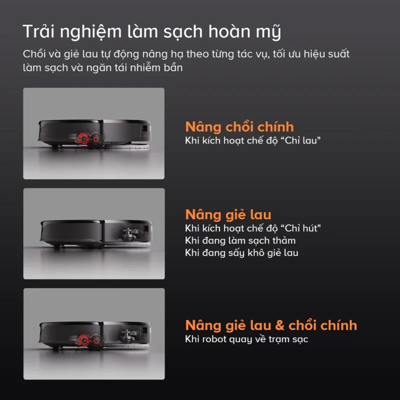 Roborock Qrevo Slim được thiết kế với cơ chế tự động nâng hạ chổi và giẻ lau theo từng tác vụ, giúp robot làm sạch hiệu quả hơn trên nhiều bề mặt khác nhau.