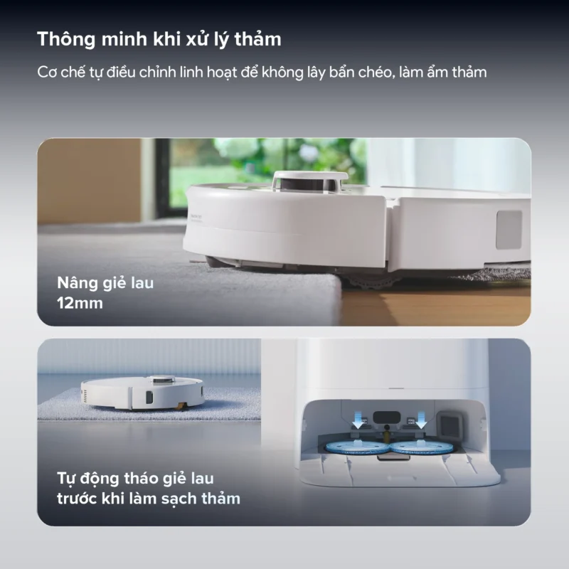 Cơ chế điều chỉnh linh hoạt tự động giúp Roborock Qrevo 2 Pro tránh lây bẩn chéo và ngăn ngừa làm ẩm thảm, mang lại khả năng làm sạch an toàn và hiệu quả trên mọi loại bề mặt.