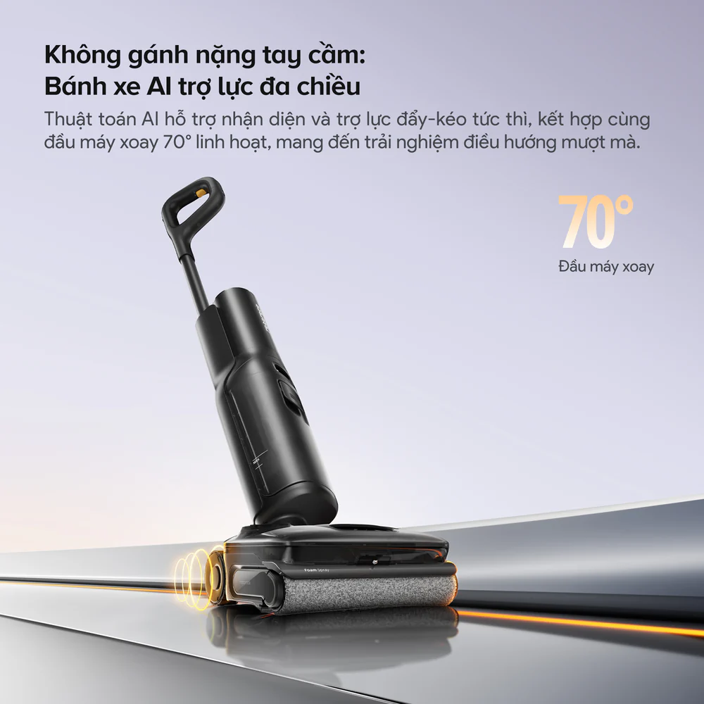 Hệ thống bánh xe thích ứng thông minh giúp máy di chuyển cực kỳ mượt mà, nhẹ nhàng trên mọi bề mặt sàn