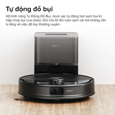 Roborock Q10 VF+ đi kèm dock sạc có khả năng tự động hút bụi từ hộp chứa bụi của robot sau mỗi phiên làm sạch.