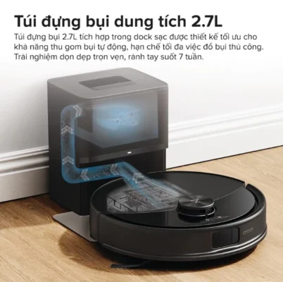 Dock sạc của Roborock Q10 VF+ được tích hợp túi đựng bụi dung tích 2.7L, giúp lưu trữ lượng bụi lớn hơn sau nhiều lần dọn dẹp.