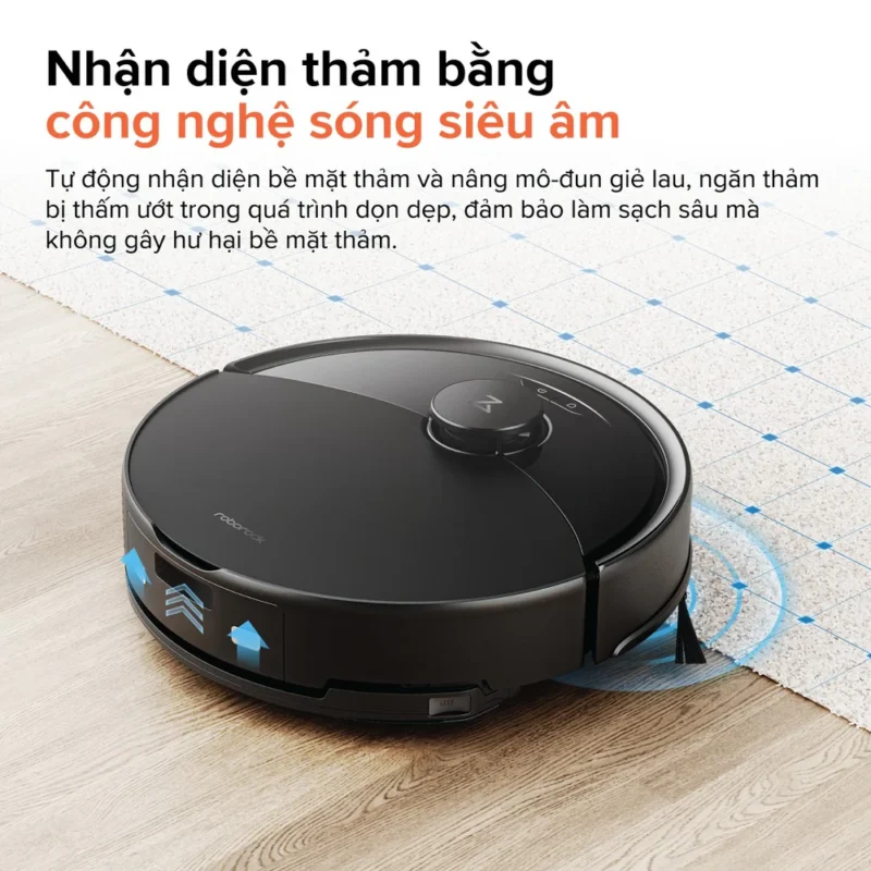 Roborock Q10 VF+ có khả năng phát hiện bề mặt thảm thông qua công nghệ sóng siêu âm. Khi đi vào khu vực có thảm, robot có thể tự động điều chỉnh chế độ làm sạch và nâng giẻ lau để hạn chế làm ướt thảm.