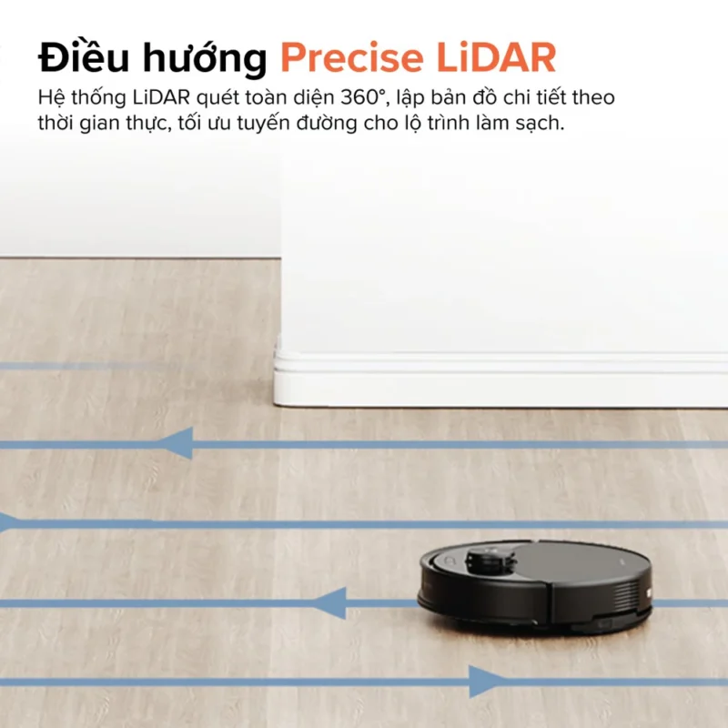 Công nghệ Precise LiDAR cho phép Roborock Q10 VF+ quét không gian xung quanh theo góc 360 độ để tạo bản đồ chi tiết theo thời gian thực.