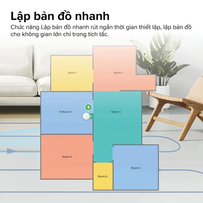 Tính năng lập bản đồ nhanh giúp Roborock Q7 TF+ quét và ghi nhớ không gian trong thời gian ngắn, rút gọn bước thiết lập ban đầu.