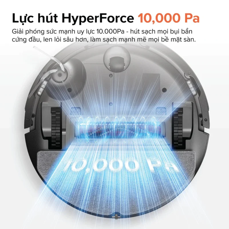 Roborock Q7 TF+ sở hữu lực hút HyperForce 10.000Pa, giúp robot dễ dàng thu gom bụi mịn, tóc, lông thú cưng và bụi bẩn bám trên nhiều bề mặt sàn.