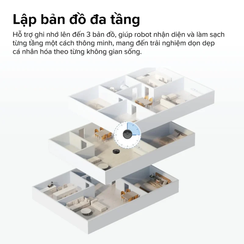 Roborock Q7 TF+ hỗ trợ lưu tối đa 3 bản đồ khác nhau, phù hợp với nhà nhiều tầng hoặc nhiều khu vực cần dọn riêng biệt.